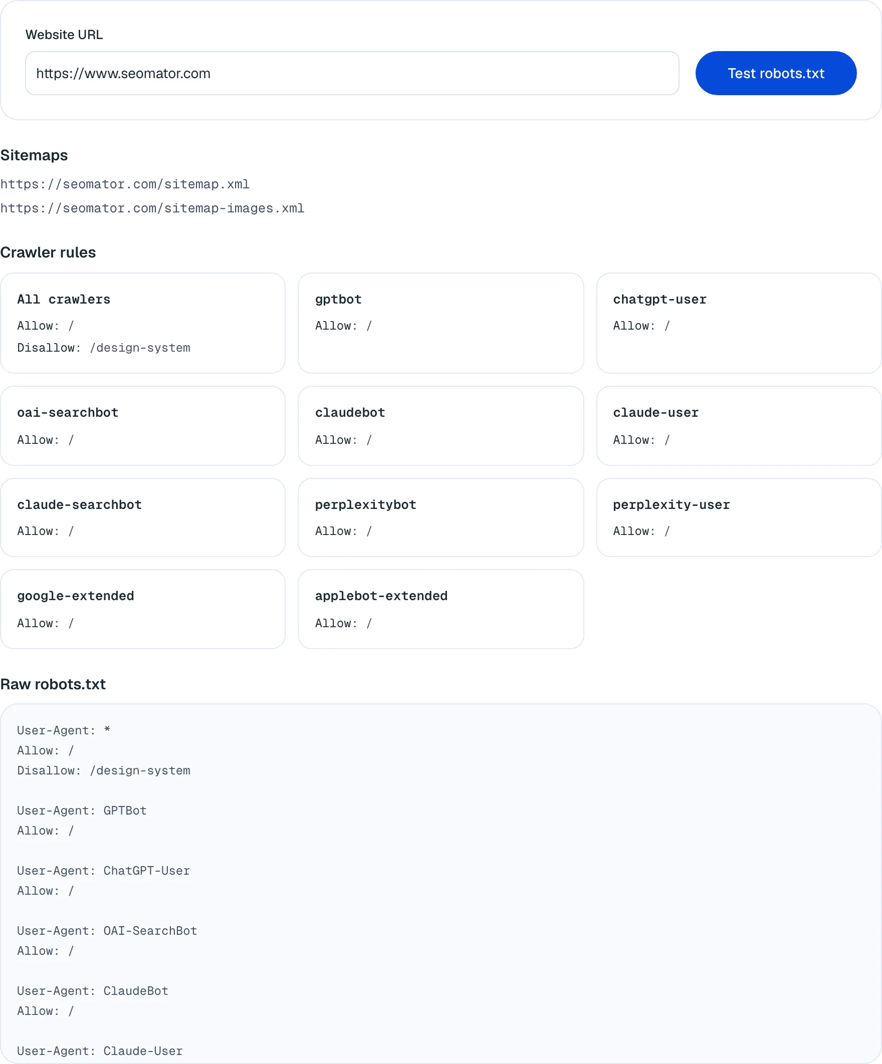 Robots.txt-Tester-Ergebnis für seomator.com mit 11 Crawler-Regelgruppen inklusive GPTBot und ClaudeBot sowie 2 deklarierten Sitemaps