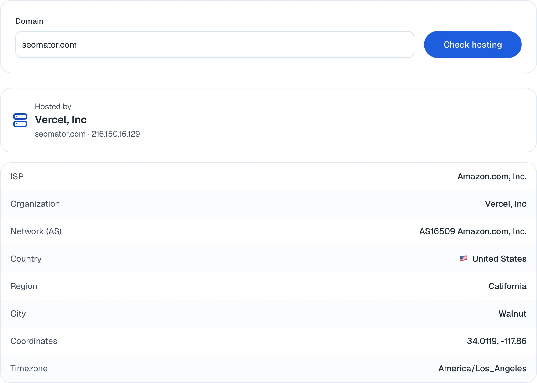 Website-Hosting-Checker-Ergebnis für seomator.com mit Vercel als Organisation, Amazon als ISP und Serverstandort Kalifornien
